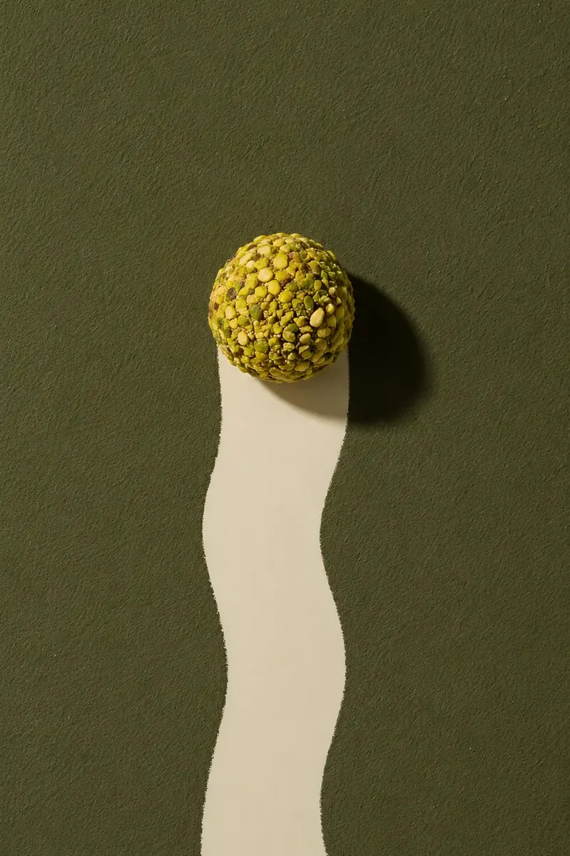 Pistachio bliss ball on an olive backdrop